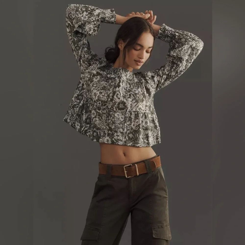 NWT Anthropologie Relaxed Long-Sleeve Swing Blouse Floral Print Women's Top